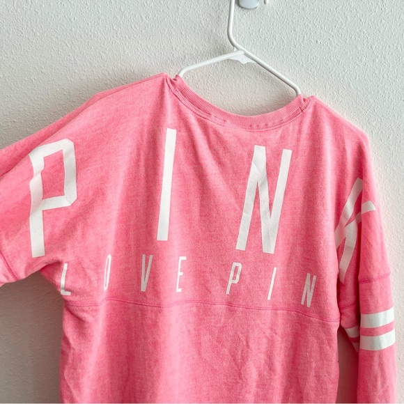 Victoria’s Secret PINK Coral Stripe Dog Logo Varsity Crew Neck Sweatshirt XS - Picture 4 of 7
